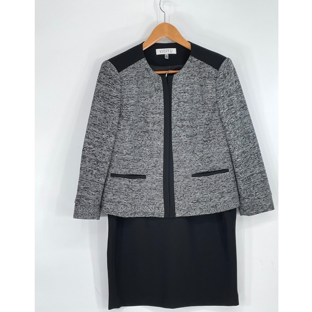 Kasper Womens Skirt Suit 10P/6P Blazer Set Black White Professional Designer